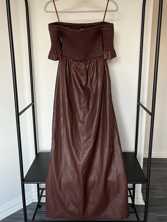STAUD | Mae Off-The-Shoulder Vegan Leather Maxi Dress in Bark | Size XS - Picture 6 of 12